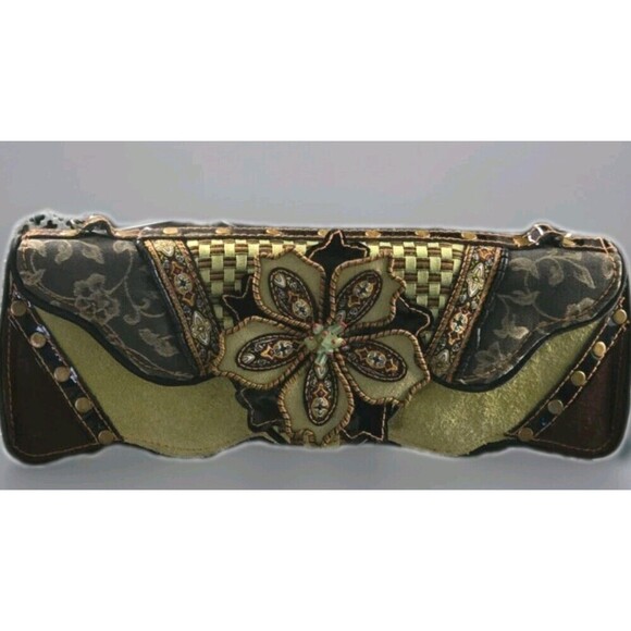 Mary Frances Handbags - Vintage Mary Frances Suede  Bag Clutch Chartreuse Brown Floral Beaded Checkered